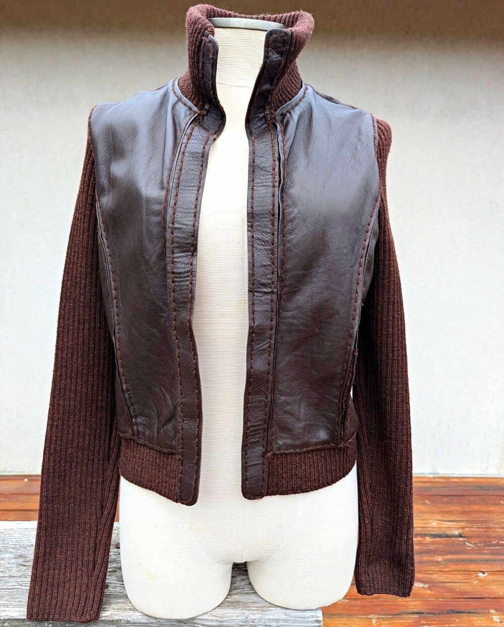 Y2K GAP Brown Merino Wool Leather Jacket Knit Collar Open Front Cardigan Size M